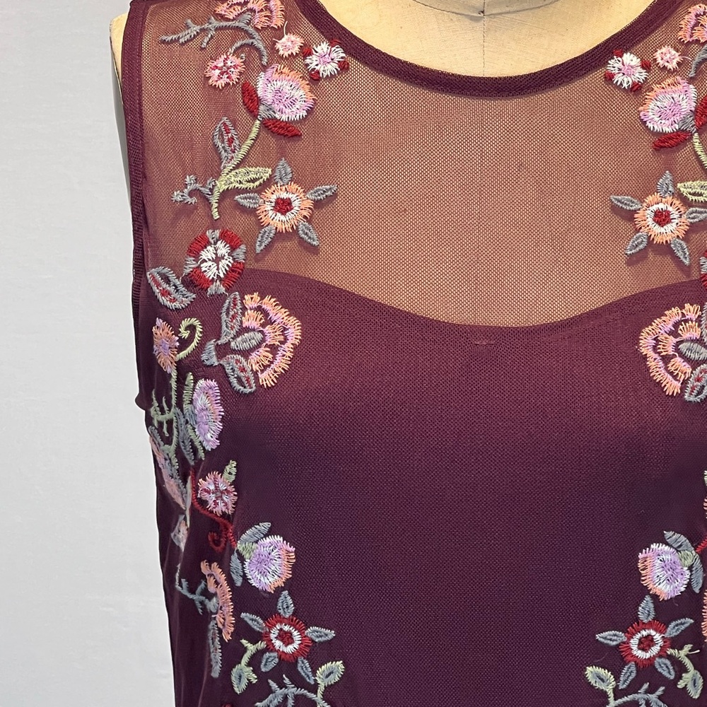Woodland wildflower embroidered floral midi dress sheer earthy burgundy wine y2k - Picture 4 of 14